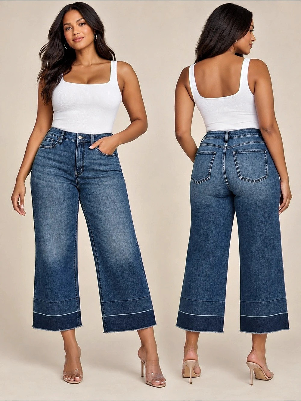 NYDJ Mia Palazzo Cropped Wide Leg Jeans Stone Ridge Raw Hem Size 14